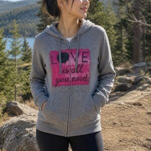 Life Is Good Gray Hoodie Medium Pink Love Graphic Zip Up Cozy Casual Sweatshirt